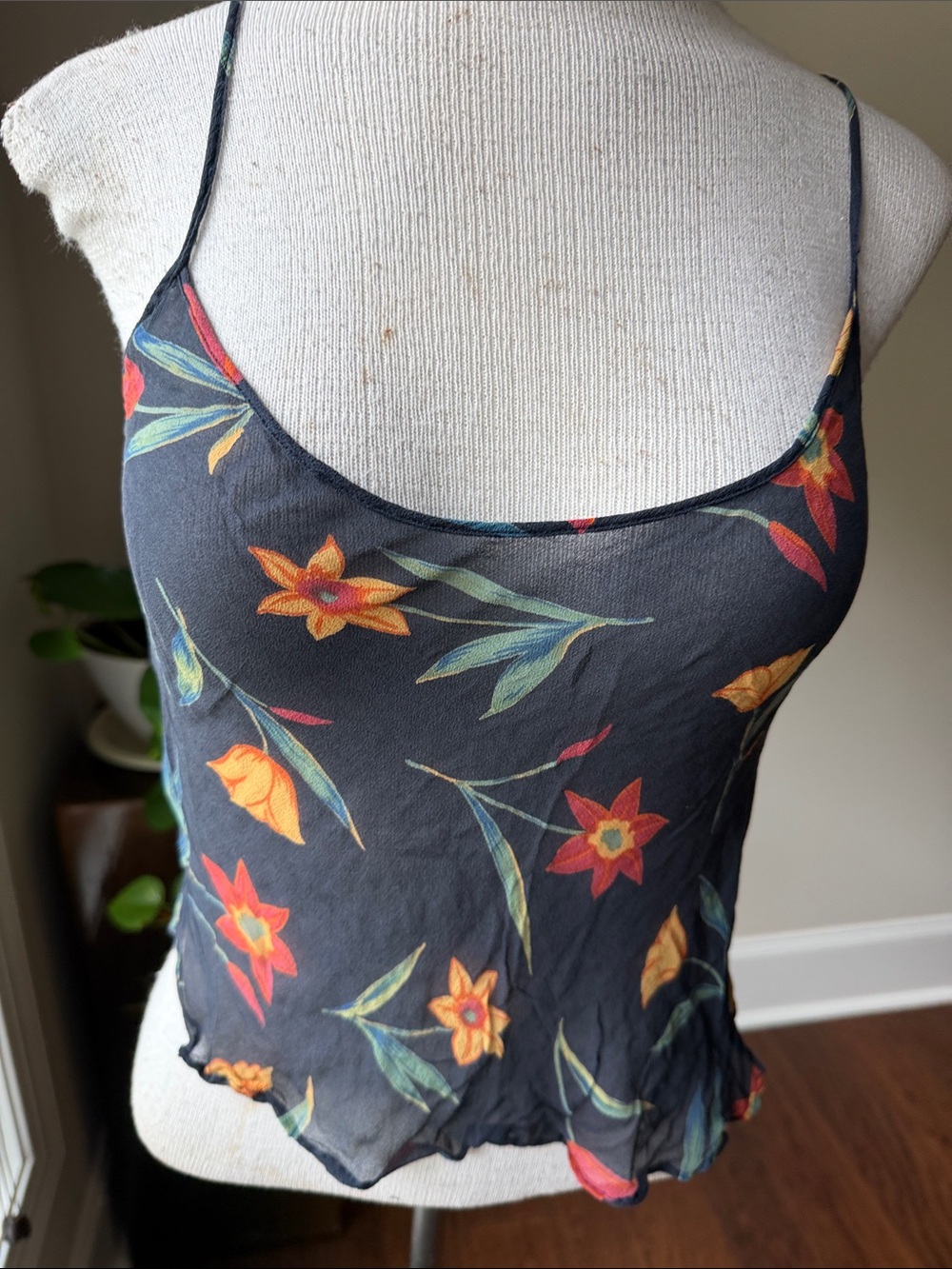 Floral Spaghetti-Strap Cami Top - Black with Orange & Green Floral